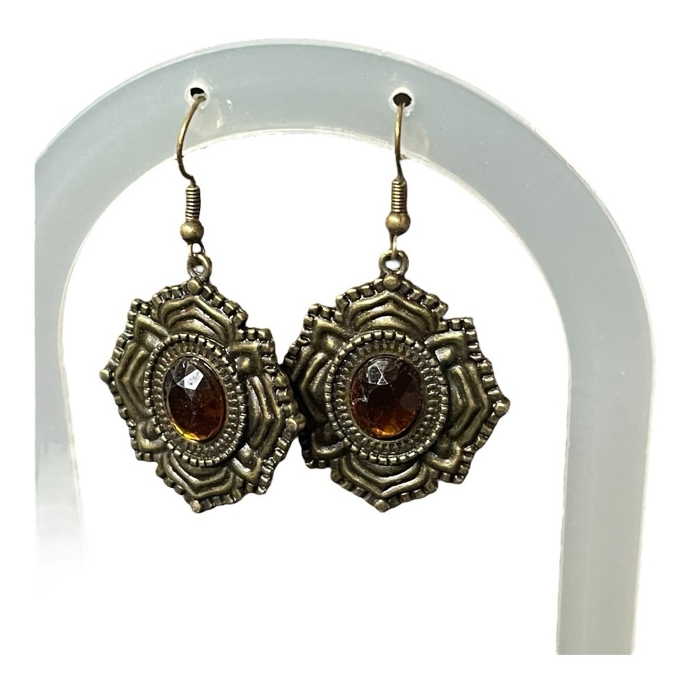 Kelly Rae Roberts Amber Crystal Boho Statement Earrings Bronze Tone Dangle - Picture 3 of 8